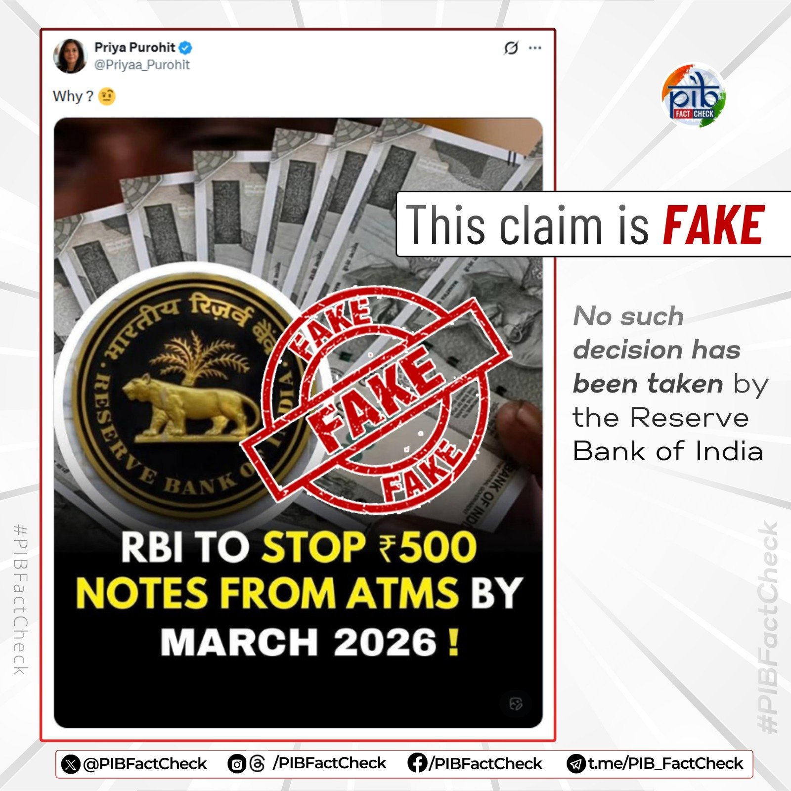 সম্প্রতি একটি সমাজ মাধ্যমের পোস্টে দাবি করা হয়েছে, রিজার্ভ ব্যাঙ্ক নাকি চলতি ৫০০ টাকার নোট আগামী মার্চ মাসের মধ্যে বাতিল করে দিচ্ছে