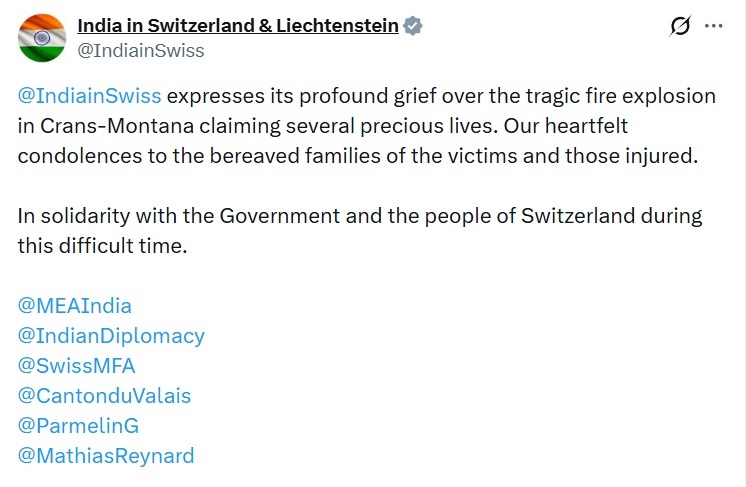 সুইত্জারল্যান্ডের ক্রান্স-মনটানায় মর্মান্তিক অগ্নিকান্ডের ঘটনায় ভারত শোক প্রকাশ করেছে।