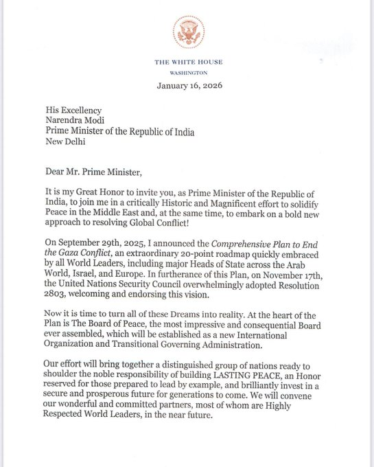 ‘बोर्ड ऑफ पीस’मध्ये सहभागी होण्यासाठी अमेरिकेचं प्रधानमंत्र्यांना आमंत्रण