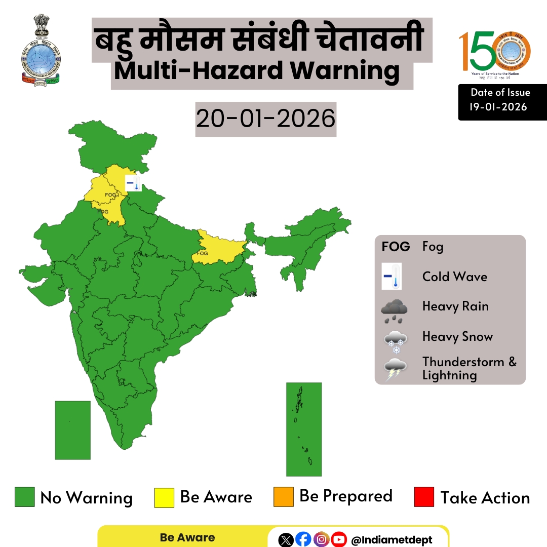 दिल्ली, बिहार, हरियाणा, चंडीगढ़ और पंजाब के कुछ इलाकों में घने कोहरे का येलो अलर्ट जारी