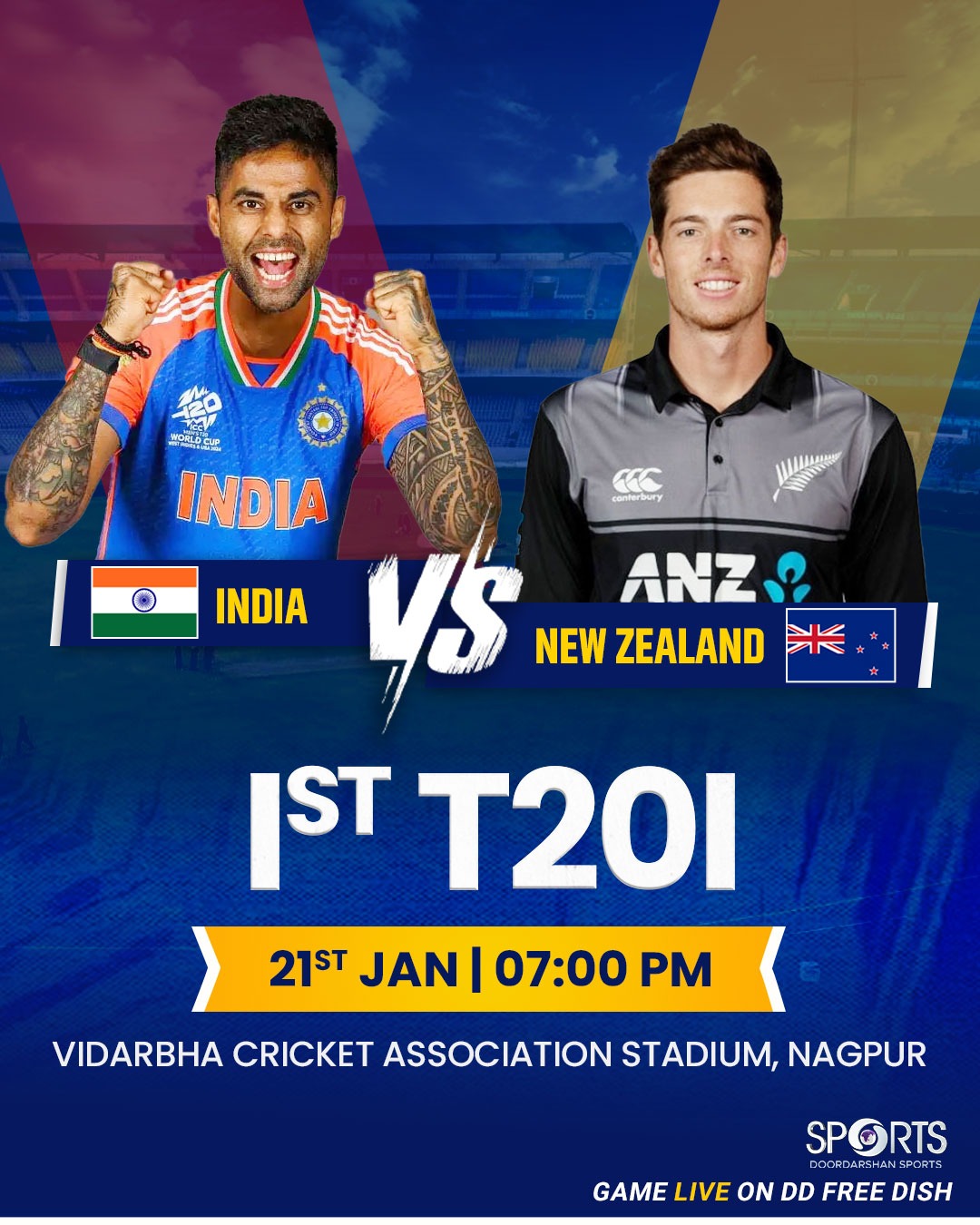 નાગપુરમાં રમાતી ટી-20 ક્રિકેટમાં ભારત સામેની મૅચમાં ન્યૂઝિલૅન્ડે ટૉસ જીતી બૉલિંગ પસંદ કરી