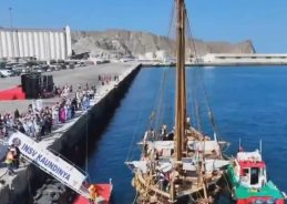 INSV Kaundinya arrives at Port Sultan Qaboos in Muscat after completing its maiden voyage from Gujarat