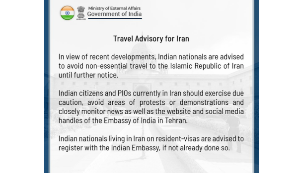 MEA issues advisory amid protests in Iran, asking Indian nationals to avoid non-essential travel and exercise due caution