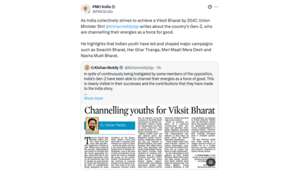 PM Modi shares article by Union Minister G Kishan Reddy on Gen Z’s role in nation-building