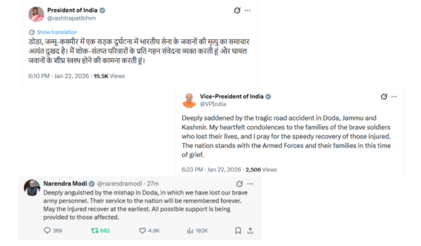 President Murmu, VP Radhakrishnan and PM Modi express grief over tragic road accident in J&K