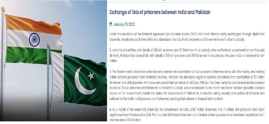 भारत और पाकिस्तान ने एक-दूसरे की हिरासत में मौजूद नागरिक कैदियों और मछुआरों की सूचियाँ साझा कीं