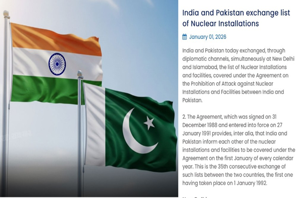 भारत और पाकिस्तान ने परमाणु प्रतिष्ठानों पर हमला निषेध समझौते की सूची का आदान-प्रदान किया