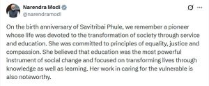 प्रधानमंत्री मोदी ने सावित्रीबाई फुले की जयंती पर अर्पित की श्रद्धांजलि