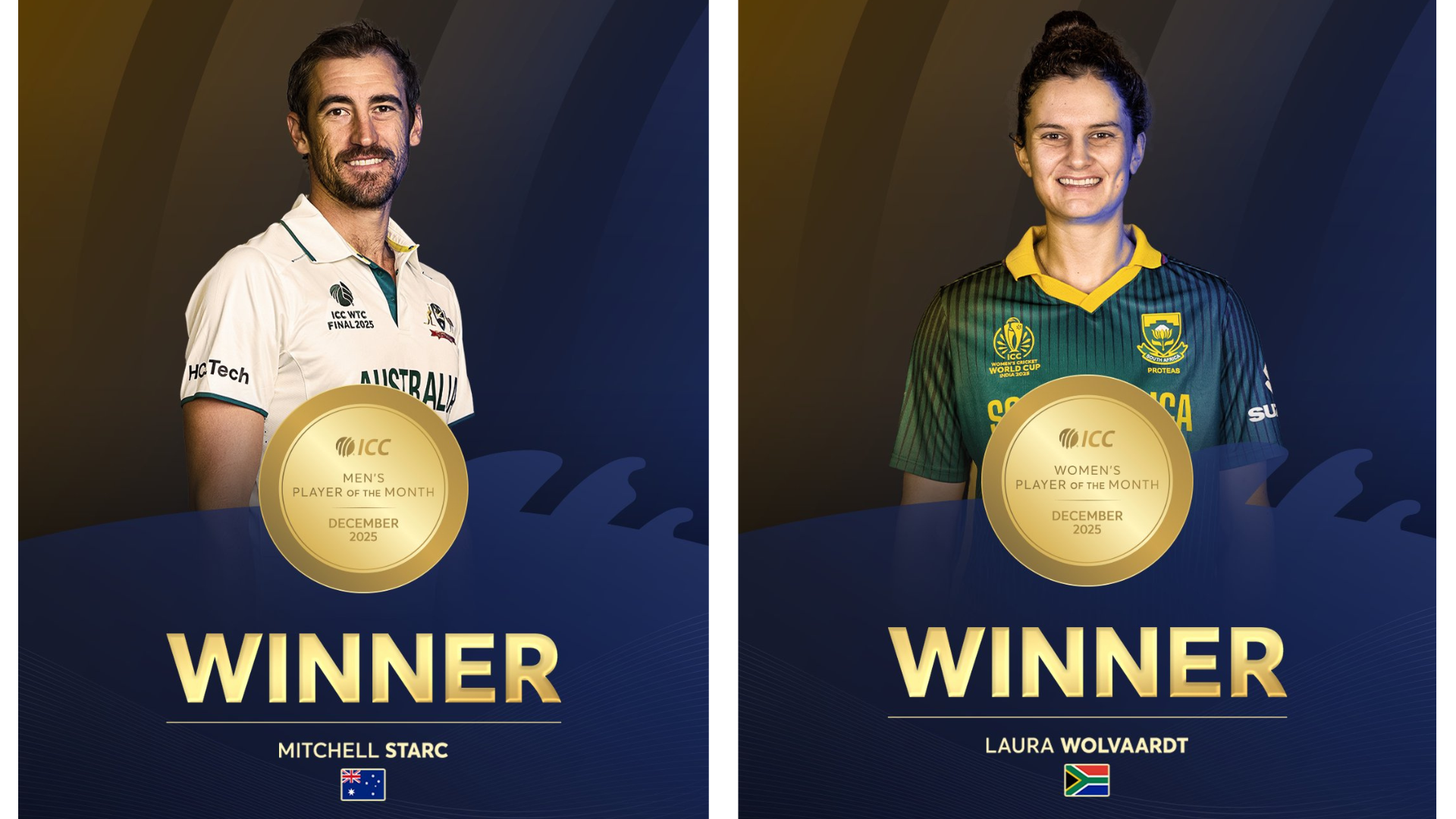 ICC ने दिसंबर 2025 का पुरुष प्लेयर ऑफ द मंथ मिशेल स्टार्क और महिला वर्ग में लौरा वोल्वाड्ट को चुना