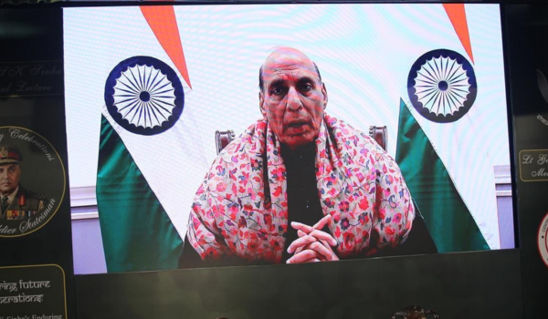 Defence Minister Rajnath Singh pays tribute to Lt General SK Sinha at his birth centenary memorial lecture