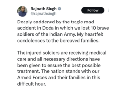 Defence Minister Rajnath Singh expresses grief over tragic road accident in J&K