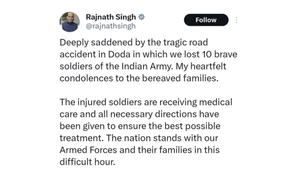 Defence Minister Rajnath Singh expresses grief over tragic road accident in J&K