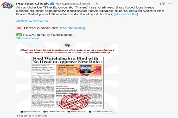 Claims of FSSAI Stalling Misleading: Govt