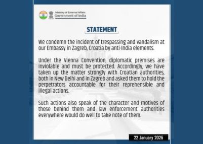India condemns incident of trespassing & vandalism at embassy in Croatia’s Zagreb