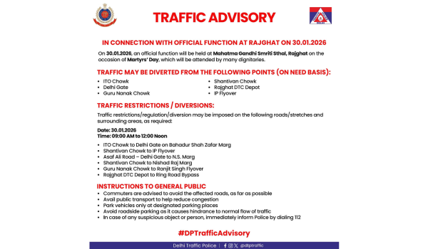 Central Delhi to see traffic diversions due to Martyrs’ Day function