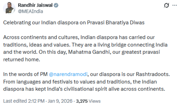 MEA says Indian diaspora is living bridge between India and world