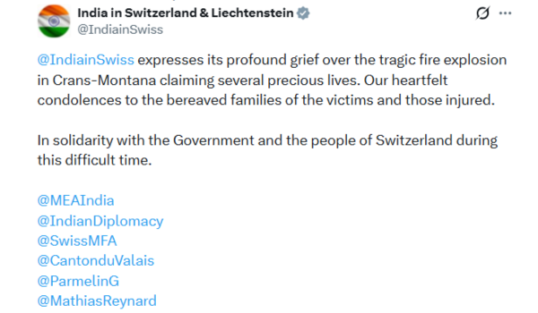 स्विट्जरलैंड में हुई आग दुर्घटना पर भारत ने व्‍यक्‍त किया दु:ख