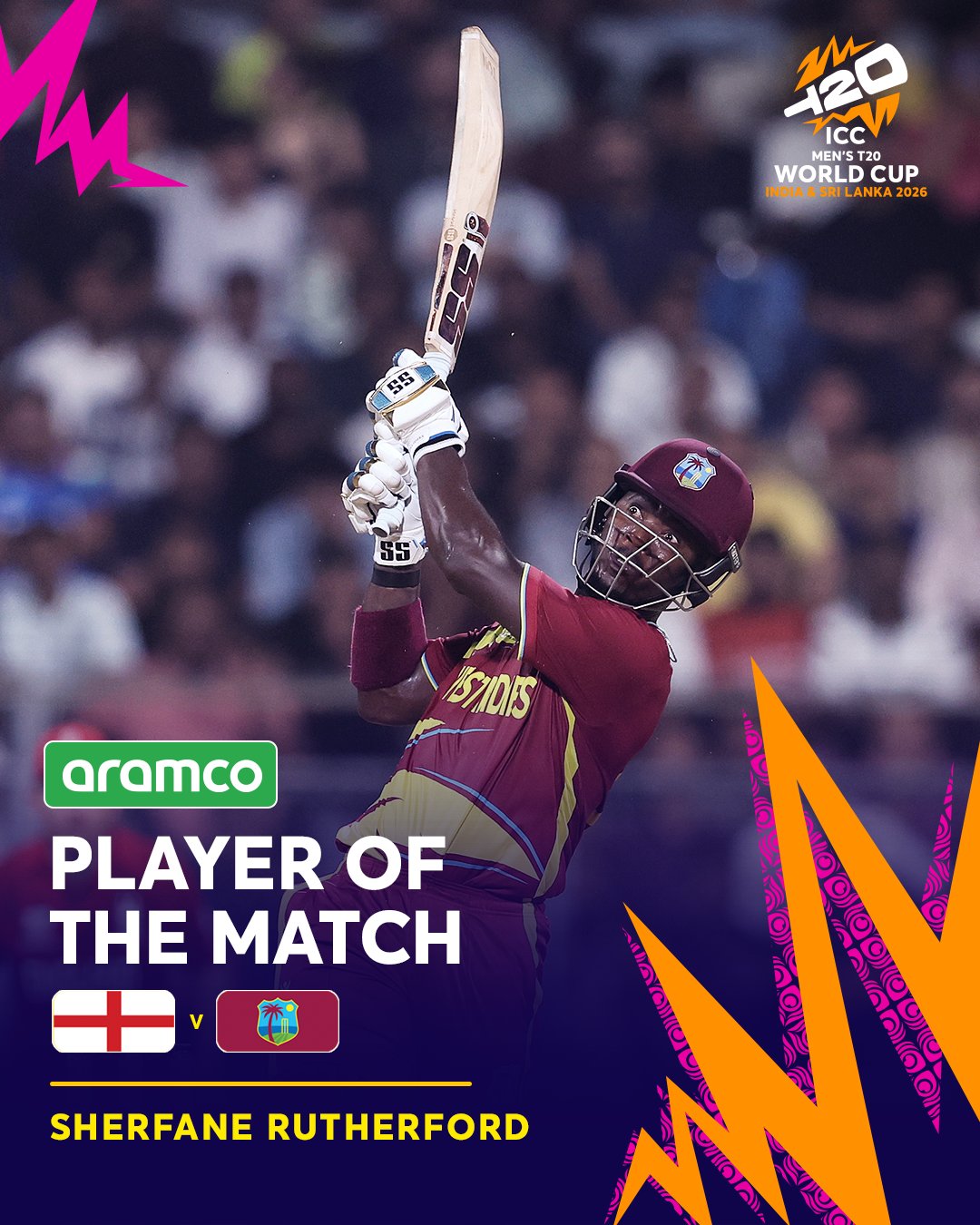 वानखेड़े में वेस्ट इंडीज की इंग्लैंड पर 30 रन से जीत, शेरफेन रदरफोर्ड की नाबाद 76 रन की पारी