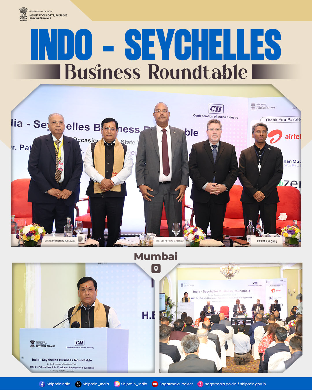 सेशेल्स के राष्ट्रपति पैट्रिक हर्मिनी भारत की पांच दिवसीय यात्रा पर मुंबई पहुंचे