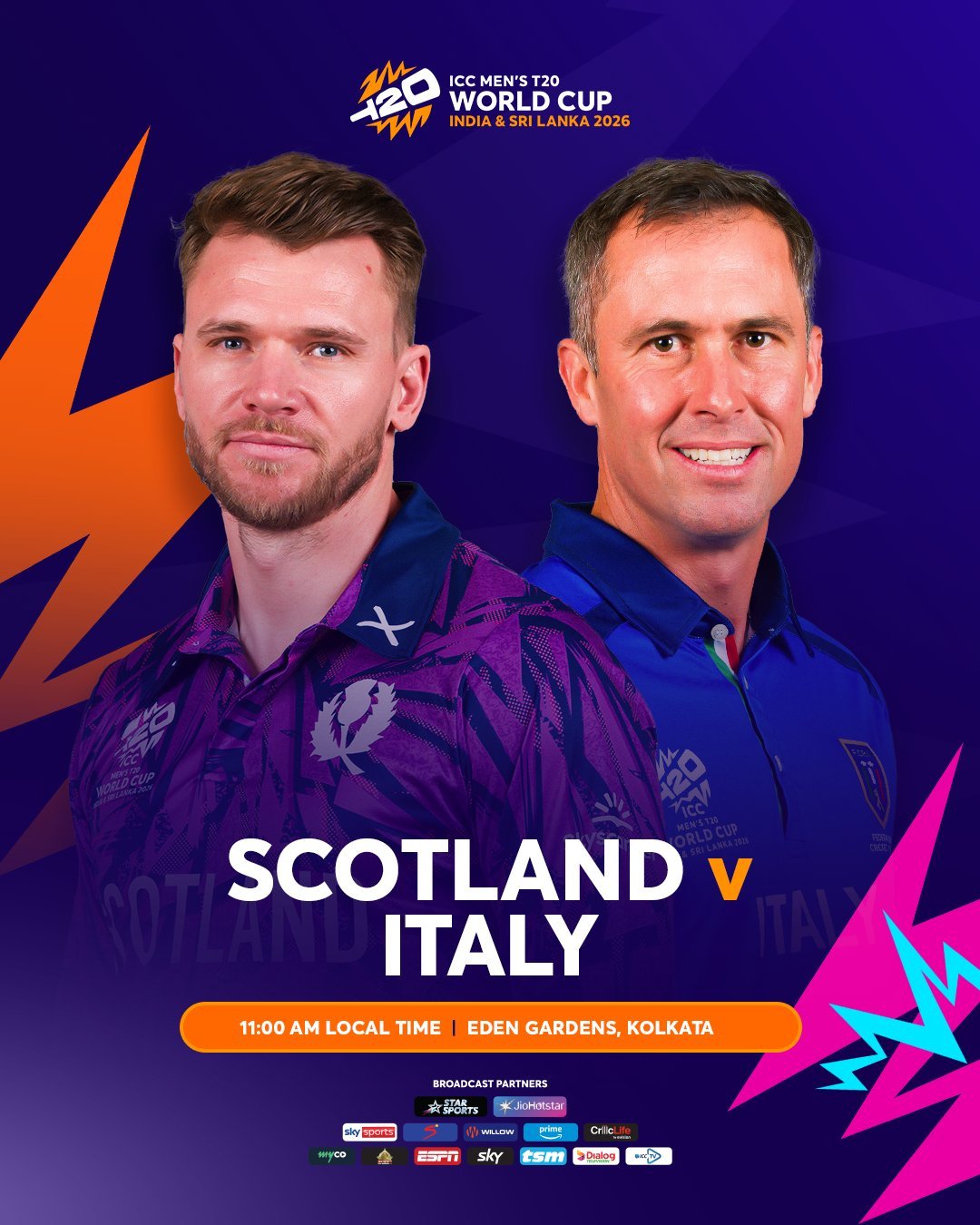 टी-ट्वेंटी क्रिकेट विश्व कप में स्कॉटलैंड और इटली के बीच ग्रुप-सी का मुकाबला कोलकाता के ईडन गार्डन्स में जारी