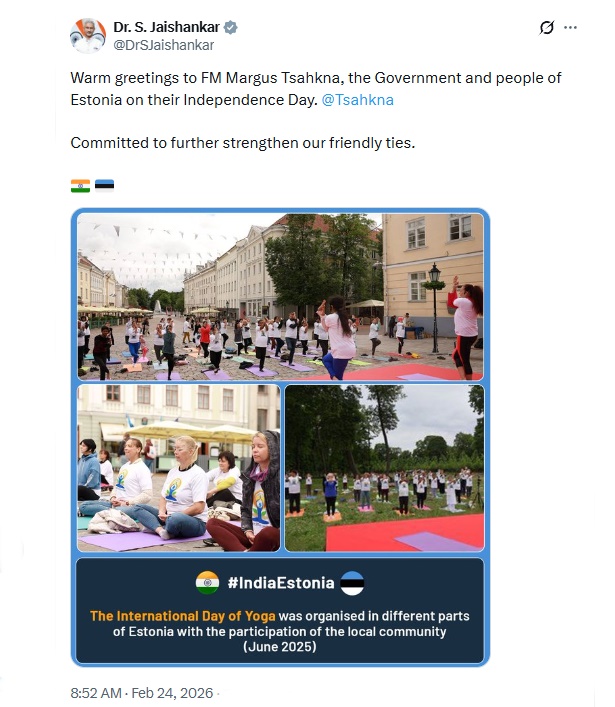 विदेश मंत्री डॉ. एस. जयशंकर ने एस्टोनिया के विदेश मंत्री और नागरिकों को स्वतंत्रता दिवस की शुभकामनाएं दीं
