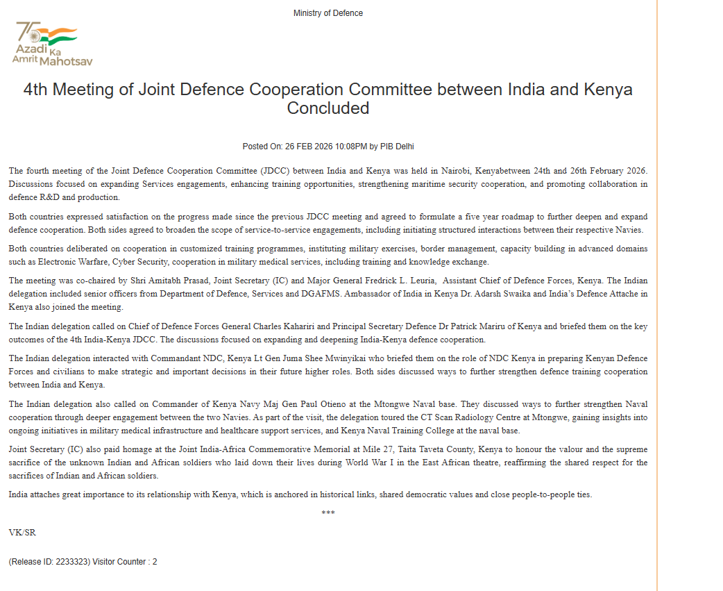 India–Kenya JDCC Meeting Concludes, Focus on Expanding Defence Cooperation