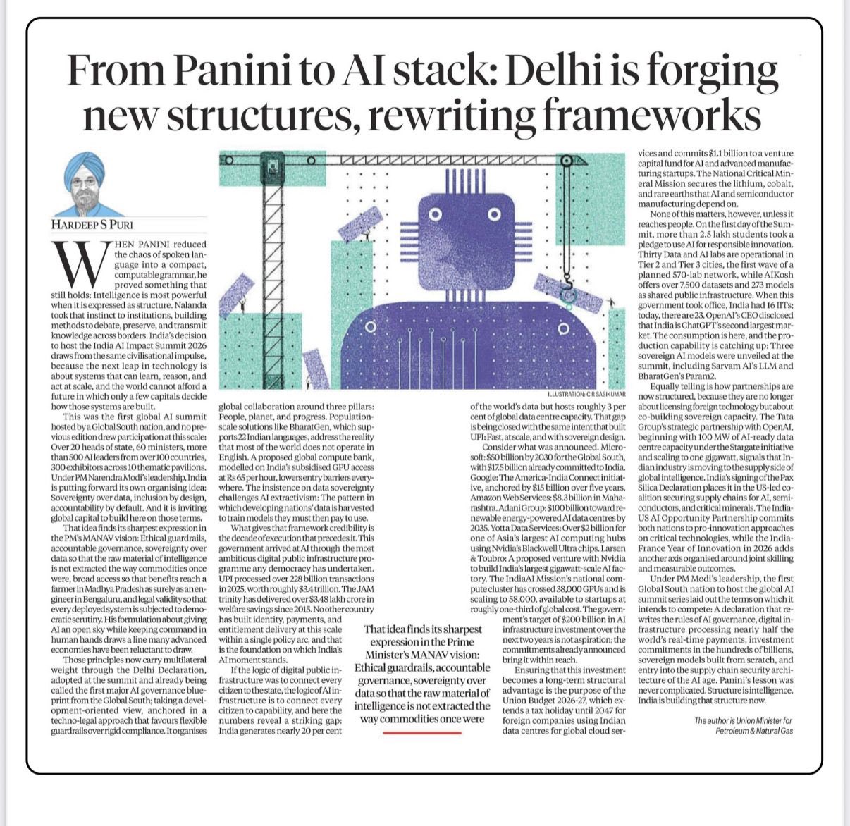 PM Modi shares article written by Union Minister Hardeep Singh Puri on successful conclusion of AI Impact Summit