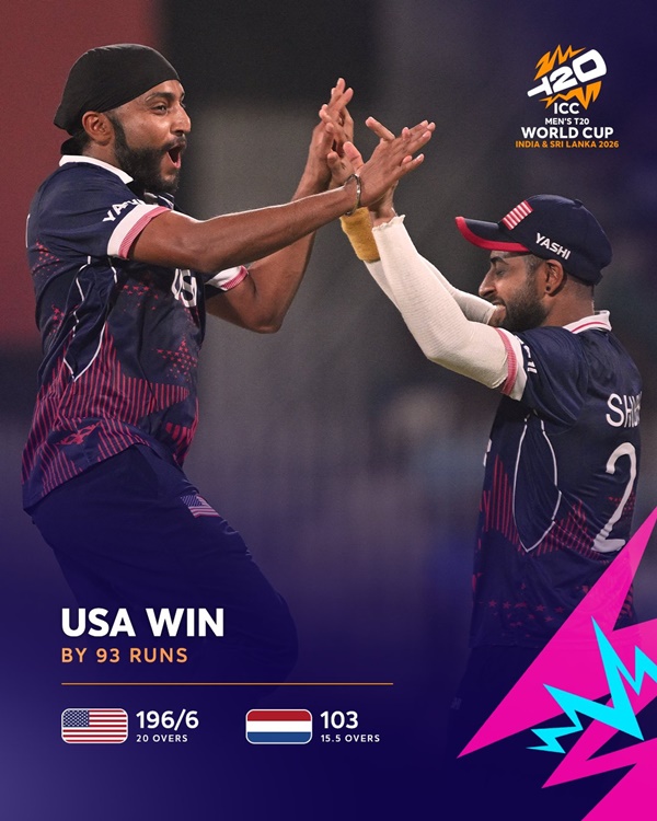 ICC T20 World Cup: US defeat Netherlands by 93 runs in Group A clash