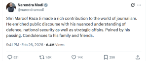PM Modi Condoles Demise of Defence Analyst Maroof Raza