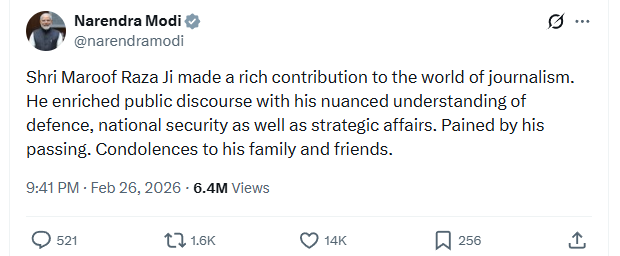 PM Modi Condoles Demise of Defence Analyst Maroof Raza