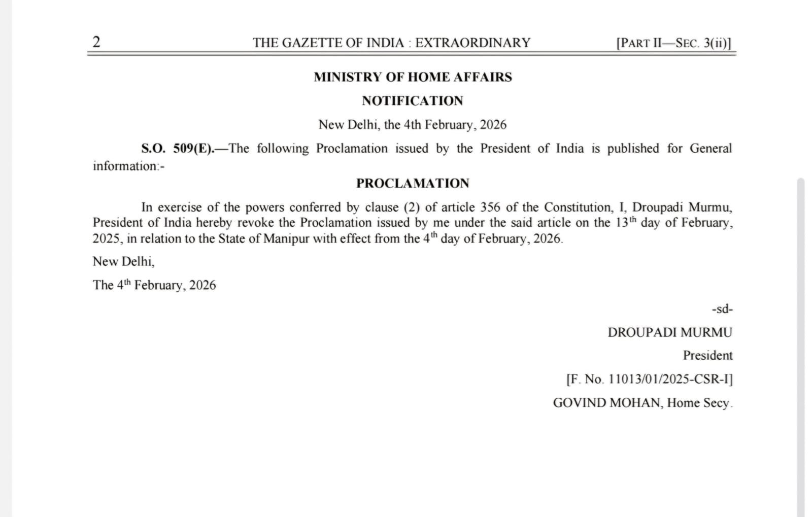 राष्ट्रपति मुर्मु ने मणिपुर में राष्ट्रपति शासन किया समाप्त