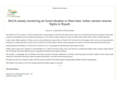 Flight Operations by Indian Carriers to and from Riyadh resume from today