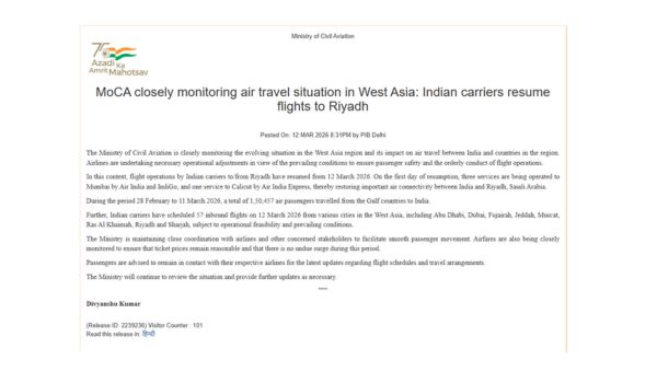 Flight Operations by Indian Carriers to and from Riyadh resume from today