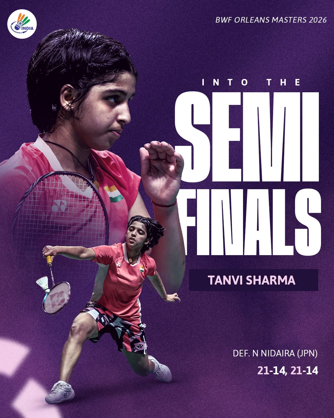 ऑरलियन्स मास्टर्स बैडमिंटन के महिला सिंगल्‍स सेमीफाइनल में तन्वी शर्मा का मुकाबला जापान की नोज़ोमी ओकुहारा से