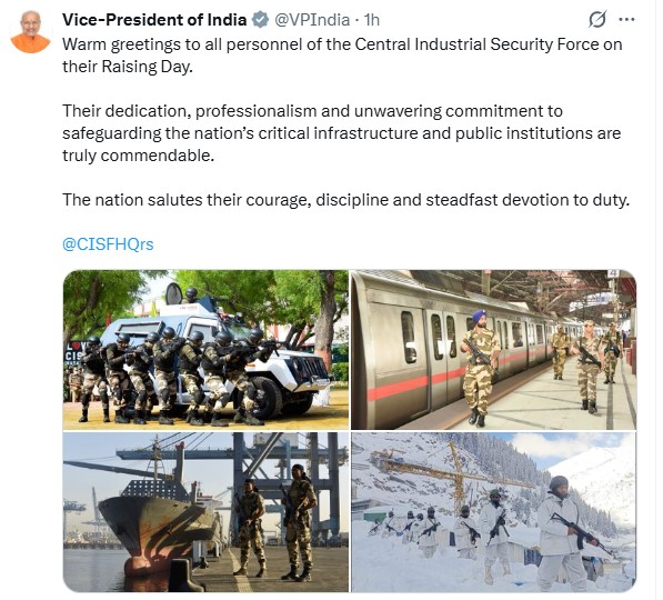 VP Radhakrishnan Greets CISF Personnel on Raising Day