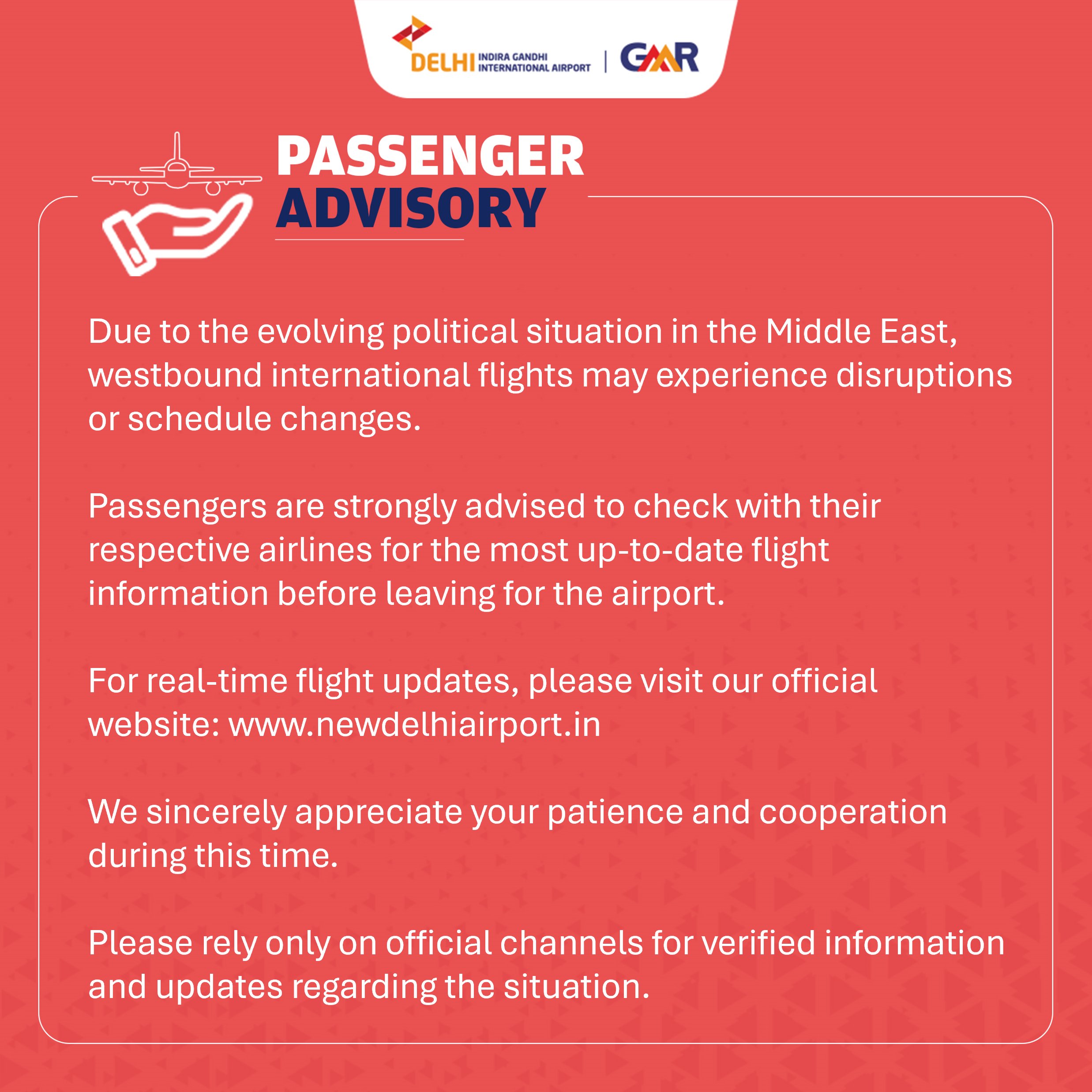 पश्चिम एशिया में तनाव के बीच दिल्‍ली हवाई अड्डे की ओर से यात्रा परामर्श जारी