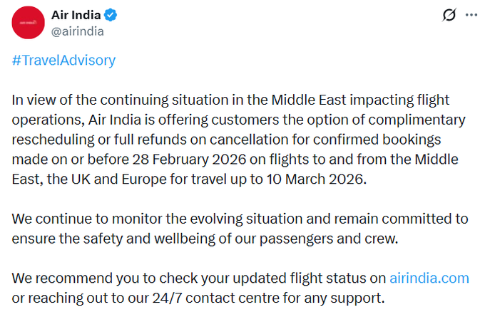 पश्चिमी एशिया के हालात के बीच एयर इंडिया ने दी राहत, टिकट रद्द करने या तारीख बदलने पर नहीं लगेगा अतिरिक्त शुल्क