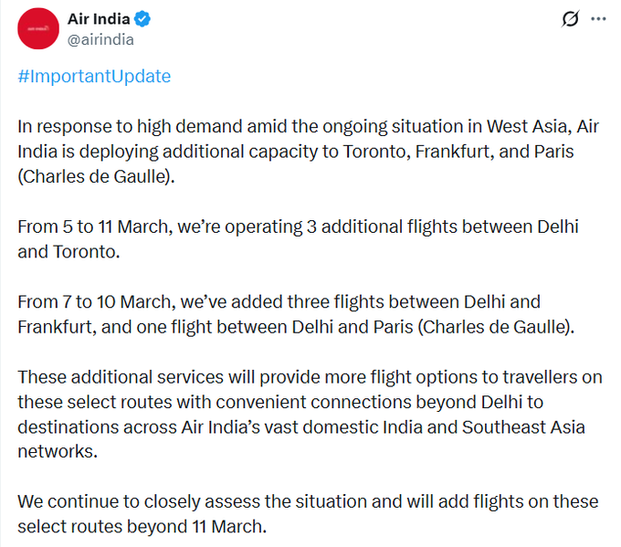 एयर इंडिया ने टोरंटो, फ्रैंकफर्ट और पेरिस-चार्ल्स डी गॉल के लिए अतिरिक्‍त क्षमता वाली उड़ानें संचालित करने की घोषणा की