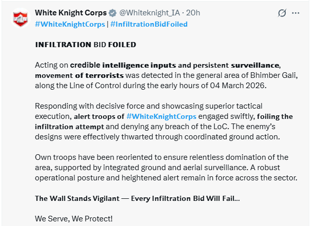 जम्मू-कश्मीर में नियंत्रण रेखा के पास आतंकियों की घुसपैठ की एक कोशिश को सुरक्षाबलों ने किया नाकाम