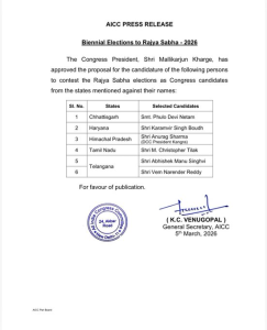 Congress Announces Six Candidates for Rajya Sabha Biennial Elections