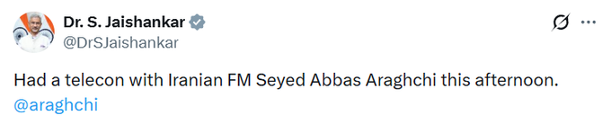 विदेश मंत्री सुब्रह्मण्यम जयशंकर ने ईरान के विदेश मंत्री सैयद अब्बास अराघची से बातचीत की