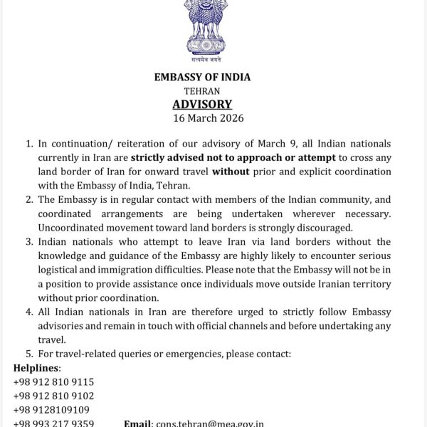 Indian Embassy in Tehran Warns Indian Nationals Against Uncoordinated Land Border Crossings in Iran
