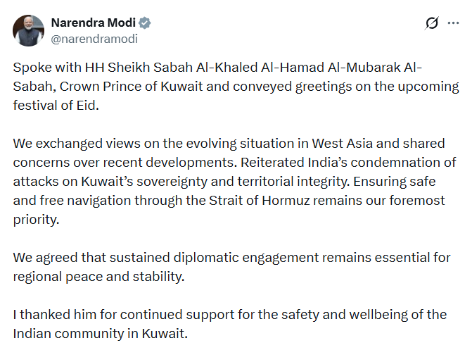 प्रधानमंत्री मोदी और कुवैत के क्राउन प्रिंस ने पश्चिम एशिया की बदलती स्थिति पर फोन पर बातचीत की