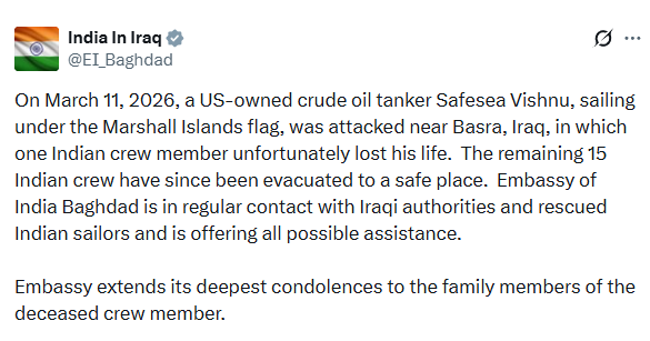 Indian Crew Member Killed in Attack on US-Owned Tanker Near Basra, Iraq