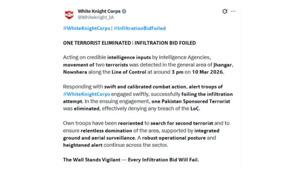 J&K: Army successfully foils infiltration attempt along LoC in Rajouri district