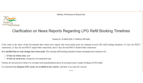 Govt Refutes Claims of 45-Day LPG Booking Timelines for Pradhan Mantri Ujjwala Yojana