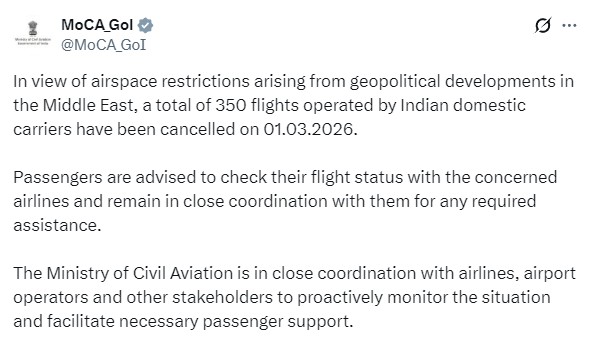 पश्चिमी एशिया में उत्पन्न भू-राजनीतिक घटनाक्रमों के कारण आज भारतीय विमान कंपनियों की 350 उड़ानें रद्द