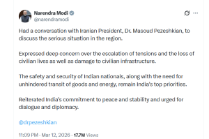 Prime Minister Narendra Modi holds conversation with Iranian President Masoud Pezeshkian