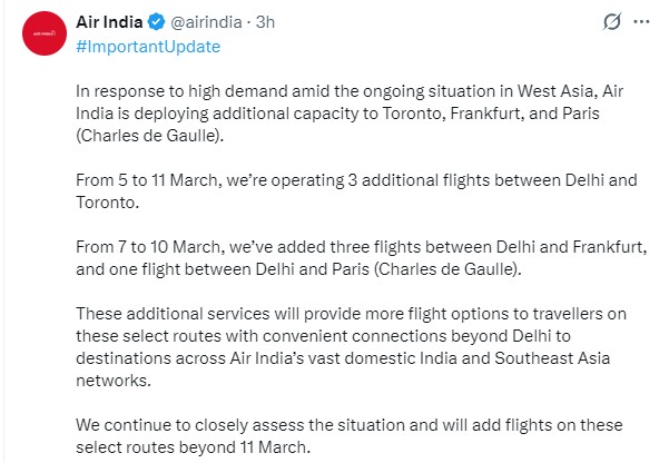 टोरंटो, फ्रैंकफर्ट और पेरिस के लिए अतिरिक्‍त क्षमता वाली उडानें संचालित की जाएंगी: एयर इंडिया