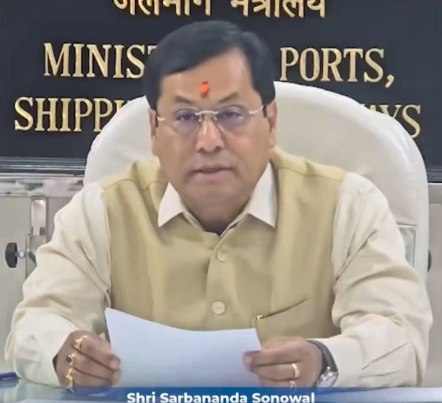 Minister for PSW Sarbananda Sonowal interacts with crew of Indian-flagged LPG Carriers Shivalik & Nanda Dev